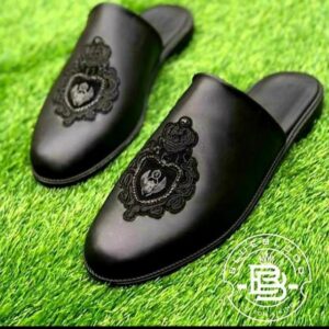 Black Embroidered Heart Mules