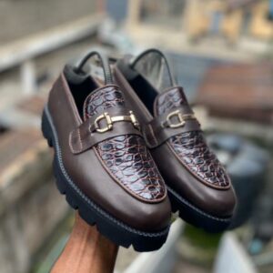 Brown Buckled Textured Loafers