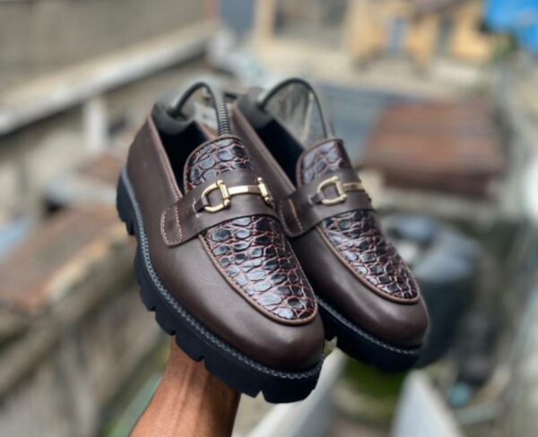 Brown Buckled Textured Loafers