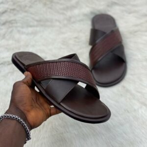 Men's Cross-Strap Slide Brown Slippers